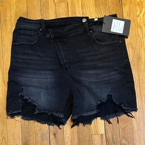 Risen Asymmetrical Black Distressed Jean Shorts